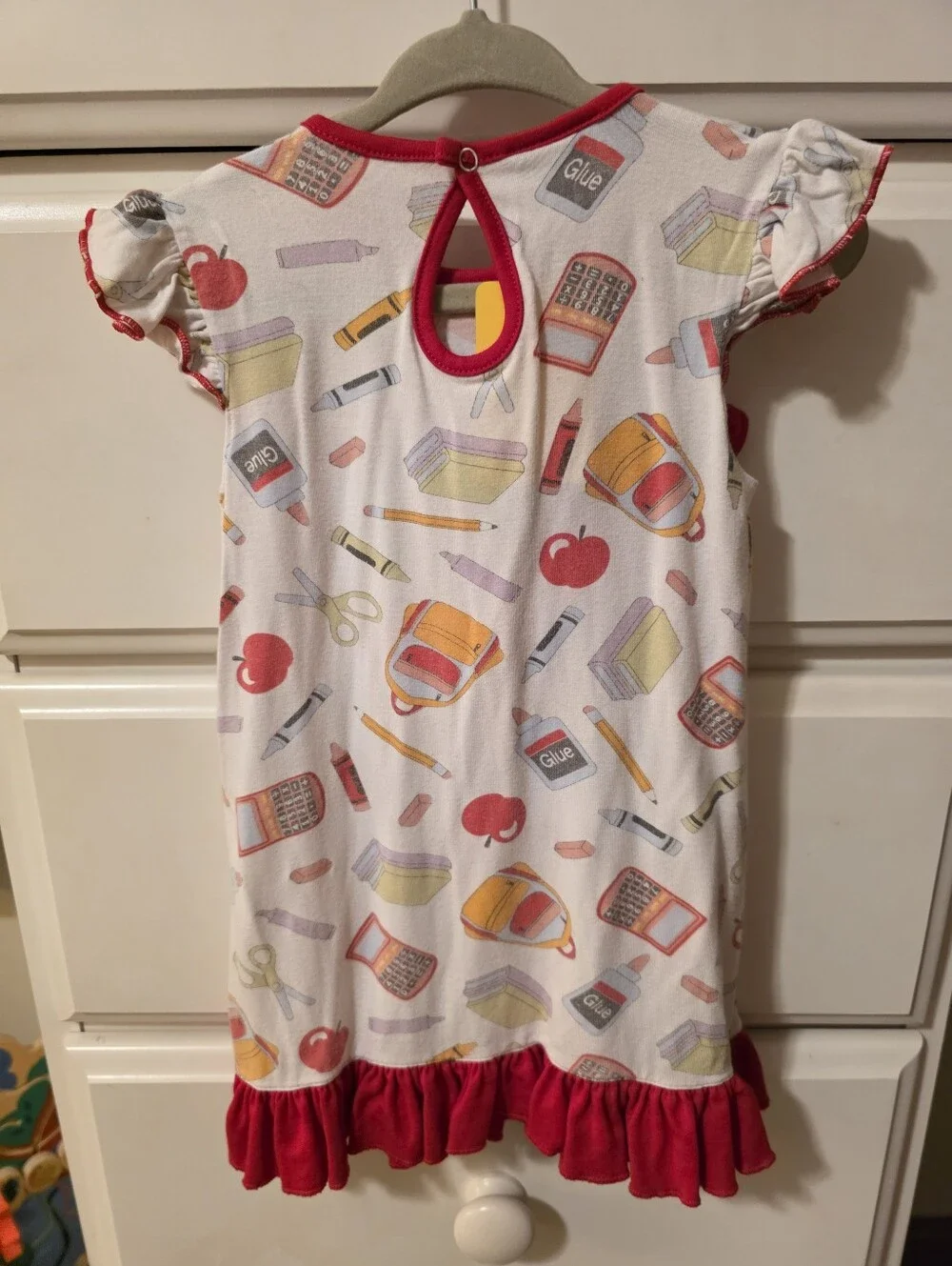 Magnolia Baby Girls' Cream School-Print Ruffle Dress with Red Trim